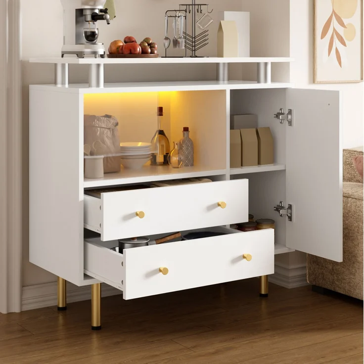 DESVIAE Sideboard mit LED-Beleuchtung und Glastüren 80x80x35 cm Spanplatte Weiß – Bild 1