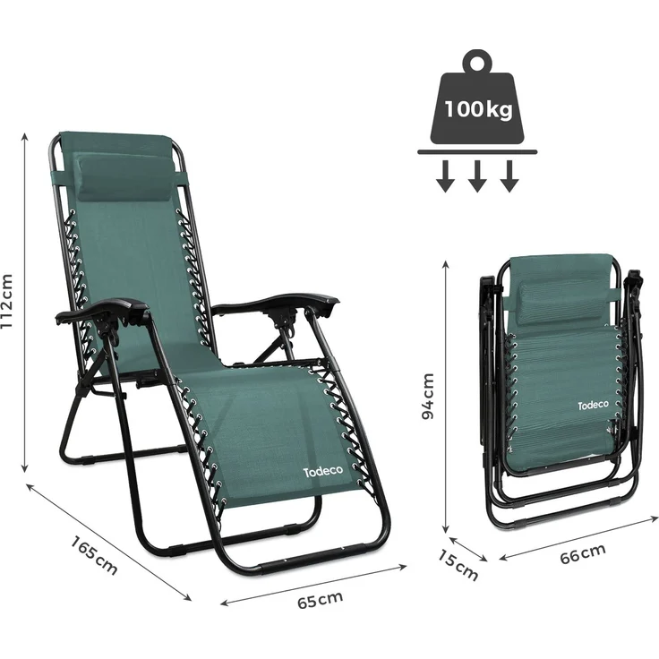 Todeco Liegestuhl klappbar mit Sonnenschutz, Sonnenstuhl mit abziehbare Kissen, Max Belastbarkeit 100kg, Strandliegestuhl leicht, Grün – Bild 3