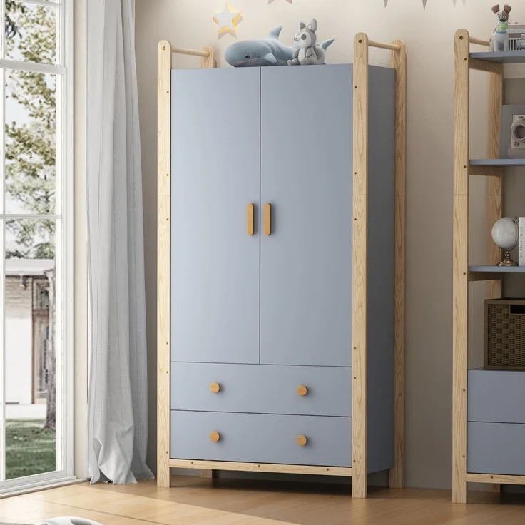 Doppelklappengarderobe, Kombinationsgarderobenset, Garderobe + Regal, Kinderzimmer-Set, Kombinationsmöbel, mit Kleiderstange und Schubladen, Fichtenrahmen, Farbkombination Blau + Naturholz, Höhe 180cm – Bild 9
