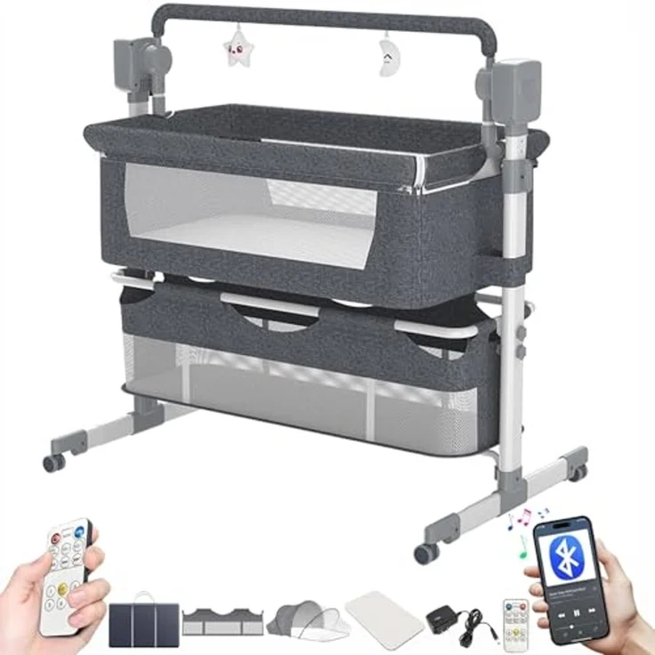 Magic ZC Elektrische Bluetooth Intelligent Beistellbett Baby mit Rollen, Faltbar Co-Sleeping Babybett, Fernbedienung und 5-schwankende Zahnräder, Stubenwagen Kleinkind Wiege mit Musik (601 Grey) – Bild 1