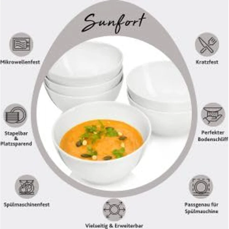 Sänger Suppenschalen Sunfort, Weiß, Keramik, kratzfest, Ø 16 cm, Füllmenge 800 ml, Set mit 6 Schalen – Bild 2
