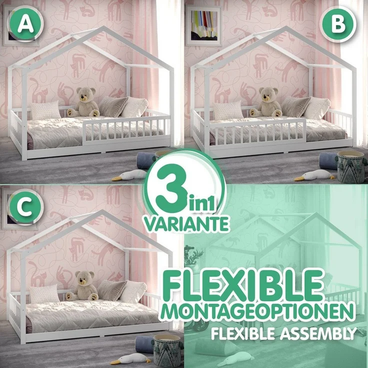 CADANI Kinderbett Malte Bodenbett Hausbett weiß (Rausfallschutz abnehmbar), Bodenbett Hausbett mit Roll-Lattenrost – Bild 3