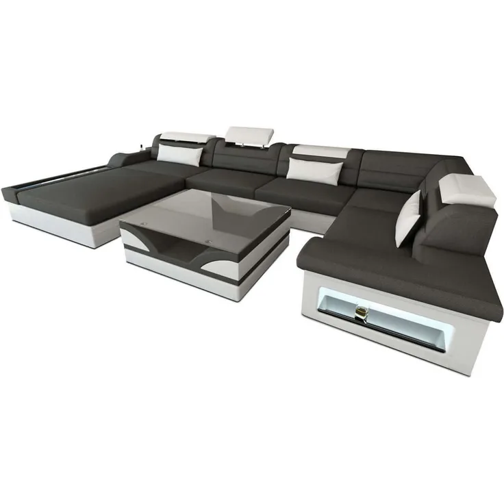 Wohnlandschaft Mezzo Materialmix mit LED - Mikrofaserstoff - Dunkelgrau-Weiß - Links