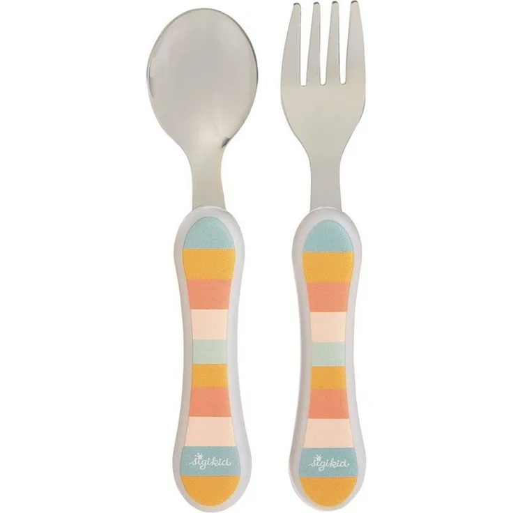 Sigikid Kinderbesteck 2 tlg. Set Gabel und Löffel "4 Freunde" (2-tlg), 1 Personen, Kopf: 100% rostfreier Edelstahl, Griff: 100% ABS