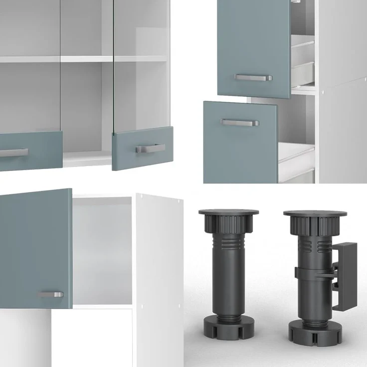 Küchenzeile R-Line Blau-Grau/Weiß 350 cm mit Hochschrank, ohne Arbeitsplatte Vicco – Bild 6