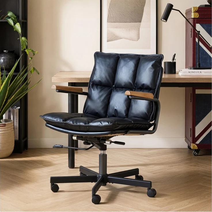 SeedWave Bürostuhl Höhenverstellbarer Drehstuhl mit Eichenholz-Armlehnen, 136kg belastbar, Industrial Design, Echtleder Schreibtischstuhl mit Wippfunktion – Bild 2