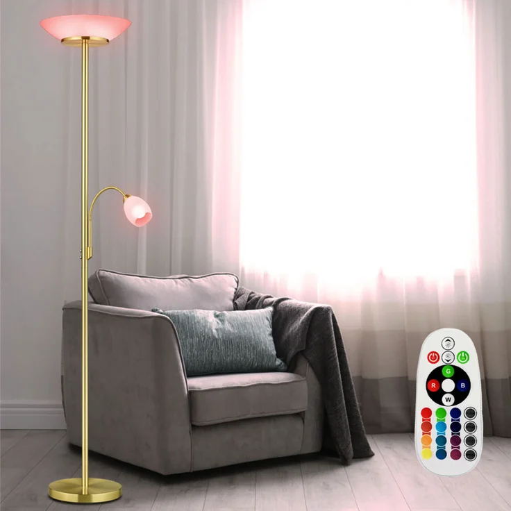 RGB LED Stehleuchte, Glas, weiß, Flexo, messing, H 180 cm, GERRY – Bild 3