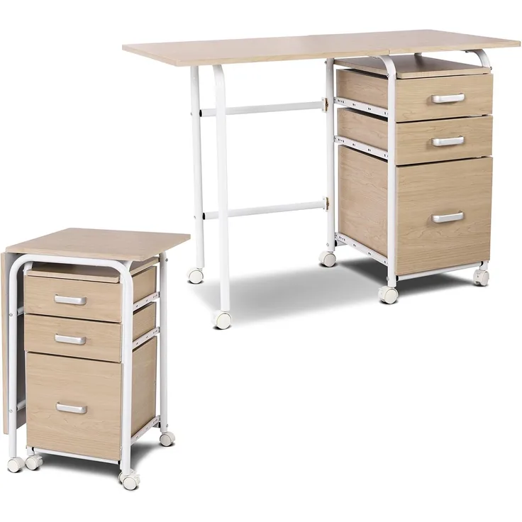 FANTASK Schreibtisch, Klappbarer Bürotisch mit Metallrahmen, Klappschreibtisch mit 3 Schubladen & Rollen, platzsparender Computertisch für kleine Räume, 105 x 50 x 75 cm (Natur)