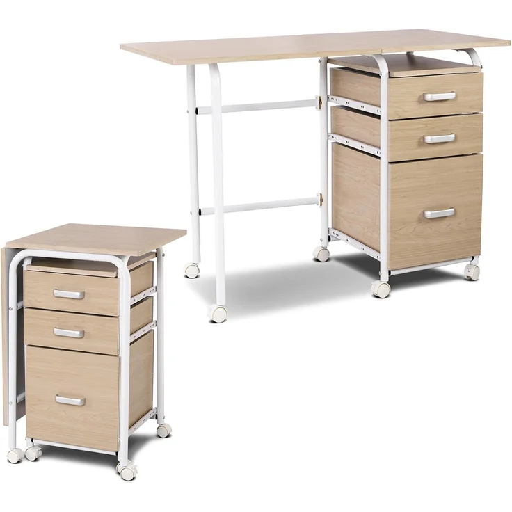 FANTASK Schreibtisch, Klappbarer Bürotisch mit Metallrahmen, Klappschreibtisch mit 3 Schubladen & Rollen, platzsparender Computertisch für kleine Räume, 105 x 50 x 75 cm (Natur)