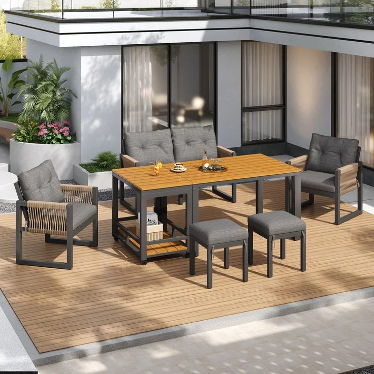 Modernes Outdoor-Sofa-Set , Freizeit- und Besprechungsset für mehrere Personen , Eisengestell , Geflochtene Armlehnen , Inklusive Sitzkissen , Multifunktionaler Tisch – Bild 4