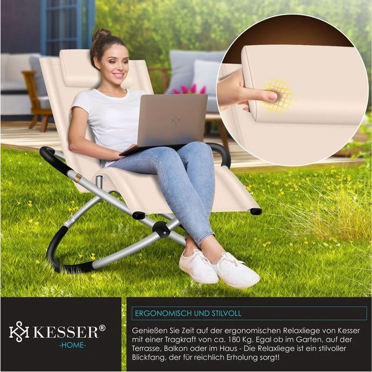 KESSER® Relaxliege Liegestuhl | Gartenliege | Gartenstuhl | Klappstuhl faltbar | Schwungliege | Schaukelsessel | ergonomische Relaxsessel | wetterfest | 180 kg Belastung | 174 x 78 x 89 cm Beige – Bild 2