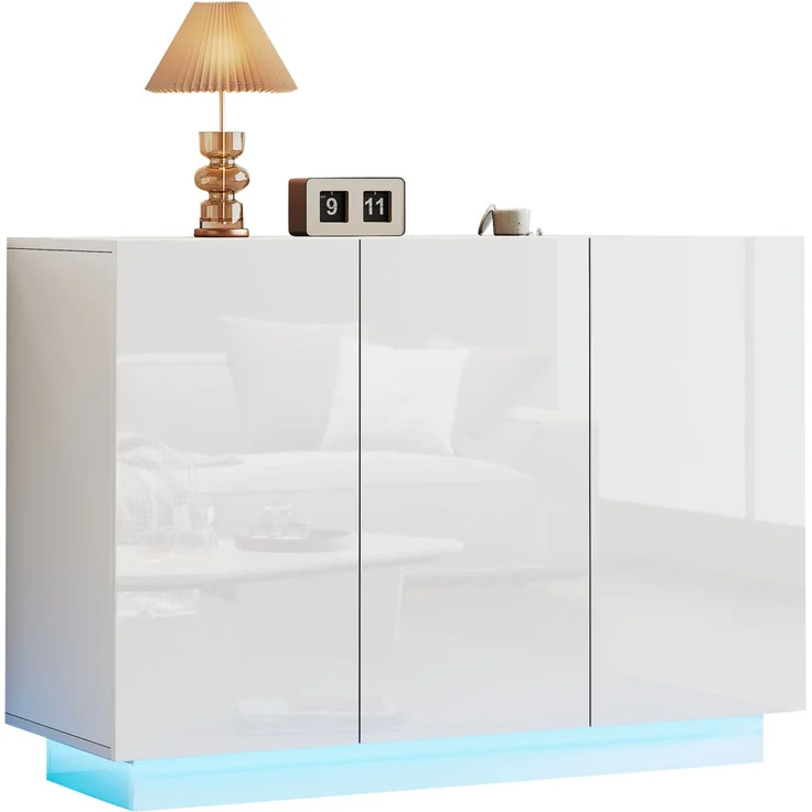 DESVIAE Sideboard mit LED-Beleuchtung und 3 Türen, 120x75x40 cm, Spanplatte, Weiß – Bild 7