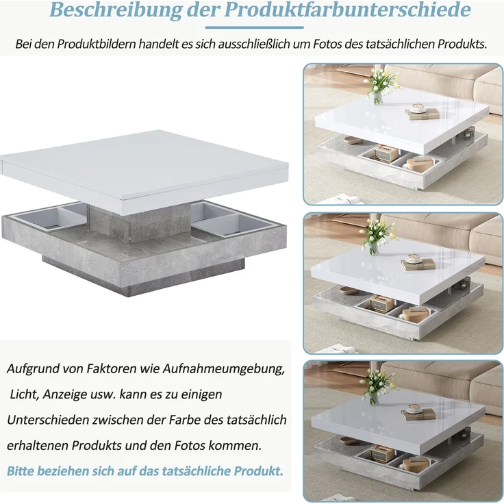 Couchtisch 70 x 70 x 36 cm, moderner Hochglanz-Wohnzimmertisch in Weiß mit marmorfarbenem Sockel – Bild 8