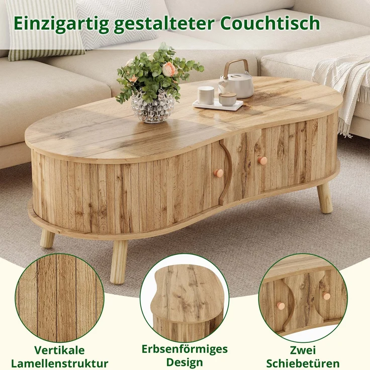 Couchtisch B 108 x T 50 x H 37 cm, mit 2 Schiebetüren, MDF in Holzoptik, Massivholzbeine – Bild 8