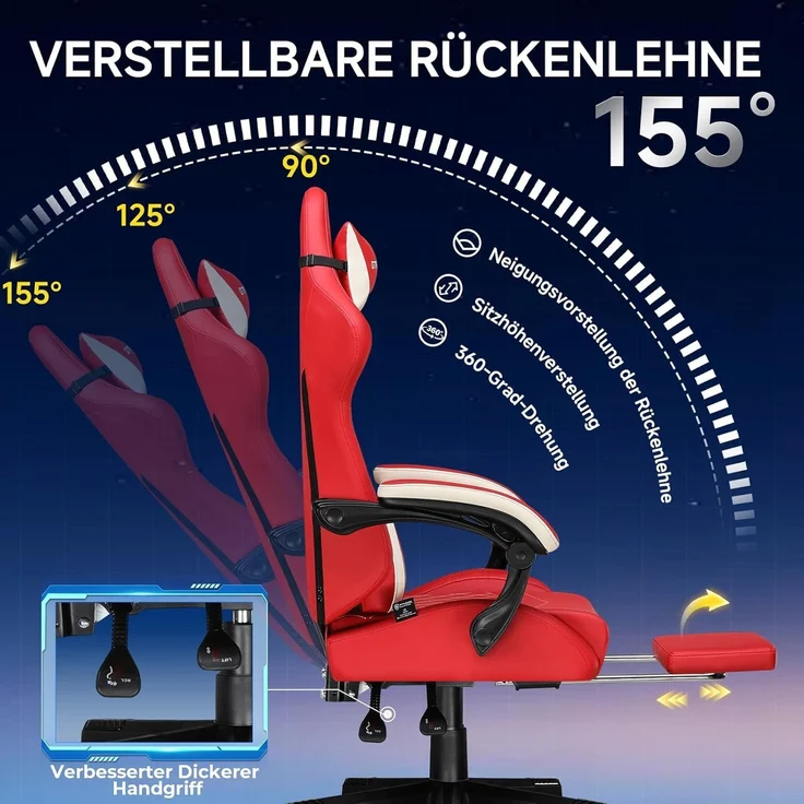 GTPLAYER Gaming Stuhl, Ergonomischer Gamer Stuhl aus PU-Leder mit Lendenwirbelstütze, PC-Stuhl mit verbreiterter Rückenlehne, Belastbar bis 150 kg, Rot – Bild 4