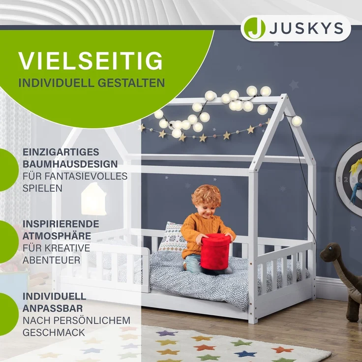 Juskys 'Marli' Hausbett 80x160 cm, weiß, Kiefer massiv, mit Rausfallschutz und Lattenrost – Bild 4