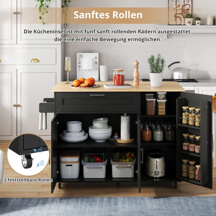 L132.5*B44(70)*H90cm großer mobiler Küchentisch, Arbeitsplatte klappbar, Eiche Maserung, multifunktionaler Schrank, Gewürzregal, Handtuchhalter, 5 Rollen, geeignet für Küche/Essen/Haus – Bild 4