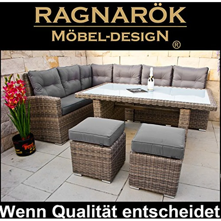 Ragnarök Möbel-Design Gartenlounge-Set Dining Lounge Wieland L, (Set, Ecksofa + Tisch + Hocker, Polyrattan, inkl. aller Polster), Rostfrei, mit Staufächern, 10 Jahre Garantie, wird montiert geliefert – Bild 4