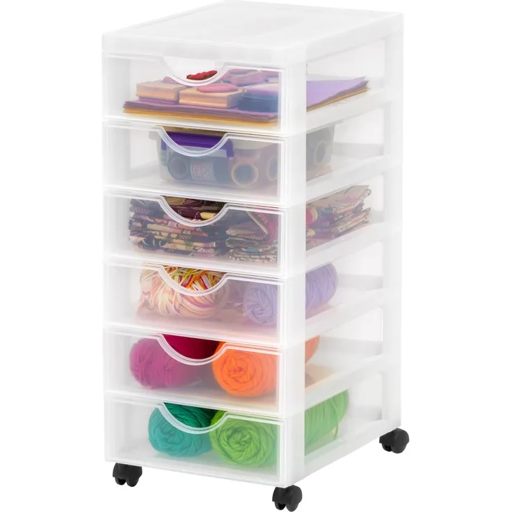 Iris Ohyama Kunststoff-Schubladenbox mit Rollen, 6 flachen Schubladen, Mattweiß, Griffe zum Ziehen, Für Schlafzimmer, Schule & Büro, BPA-frei, Schubladenschrank, Rollcontainer, A4 Drawer, DDDC-360