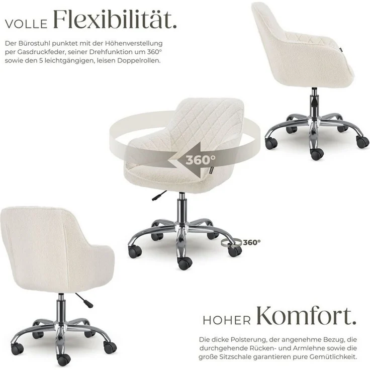 tectake Drehstuhl Arbeitsstuhl mit Rollen, Bouclé, gepolstert, höhenverstellbar (Schreibtischstuhl Nancy, 1 St), große Sitzschale, breite Rückenlehne, stabiles Fußkreuz, leise – Bild 3