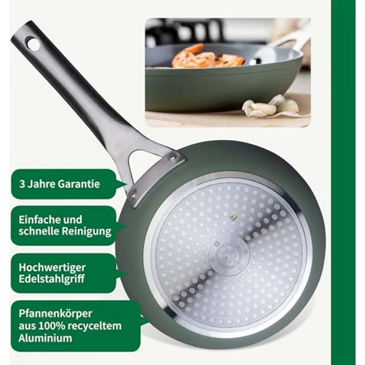 Chefkoch trifft Fackelmann Keramikbratpfanne Stuttgart, 20 cm, Antihaft-Pfanne aus 100% recyceltem Aluminium, mattgrün, bis 200°C backofenfest, PFAS-frei – Bild 3