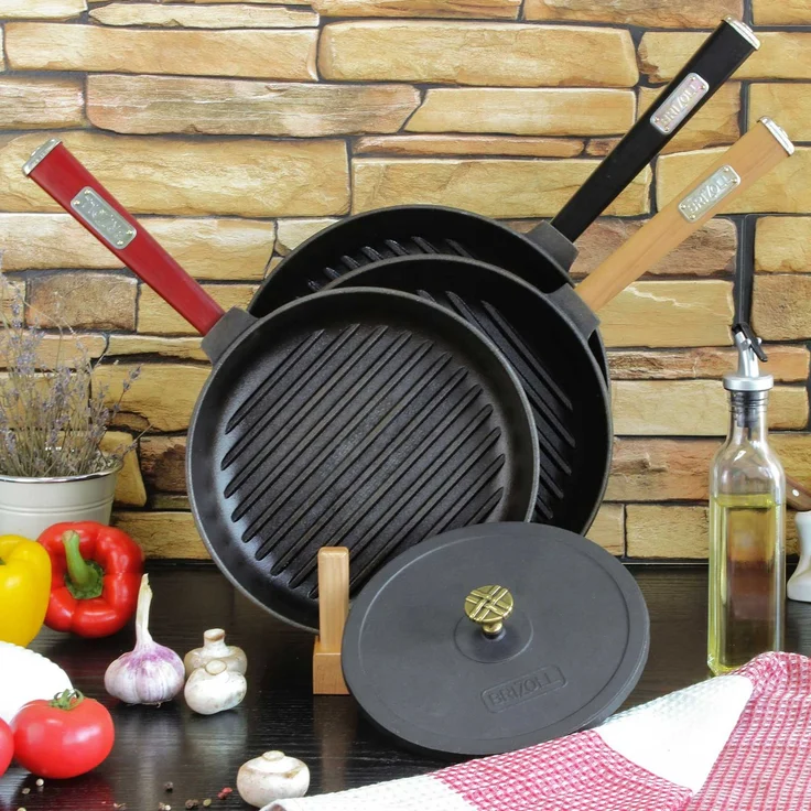 Ø26cm Grillpfanne Gusseisen mit Pressdeckel Induktion Holzgriff Bratpfanne Pfanne Feuerpfanne – Bild 4