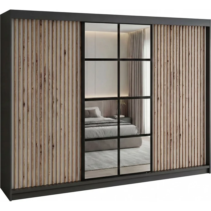 A&J MöbelLand 'NORIVO' Schwebetürenschrank, 200 cm, mit Spiegel und 3D-Lamellen, Schwarz, Lamellen: Weiß, Premium – Bild 2