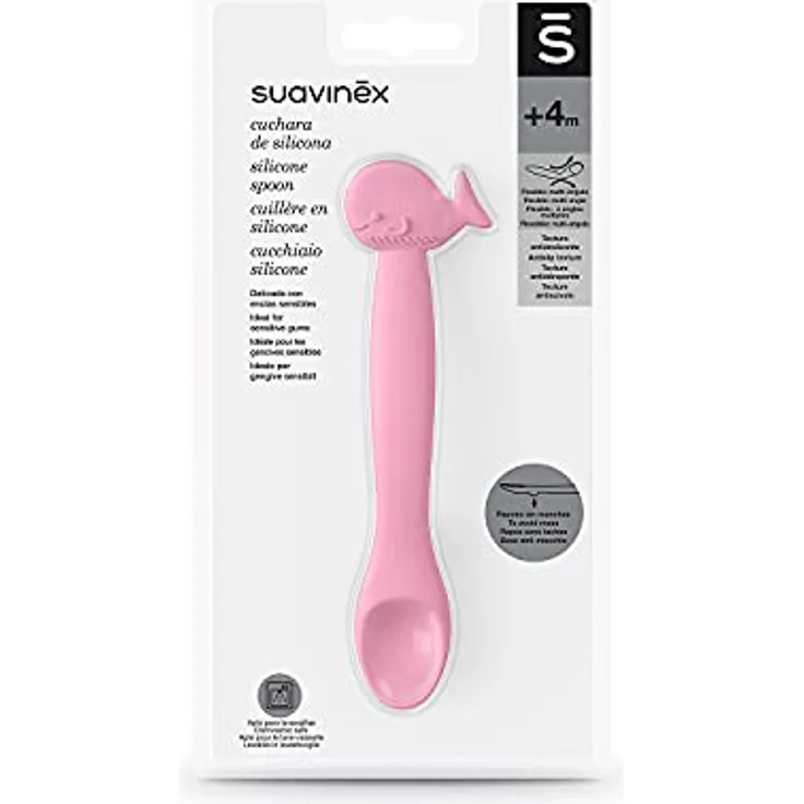 Suavinex Löffel aus Silikon für Kinder + 4 Monate, flexibel mit langem Griff und niedlichen Tieren, weich, für empfindliche Geniss, spülmaschinenfest, Wal, Rosa – Bild 2