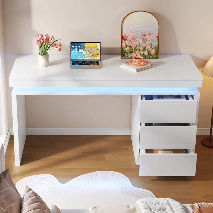 Schreibtisch 120x50x78,5 cm in Weiß matt mit 3 Schubladen und LED-Beleuchtung – Bild 2