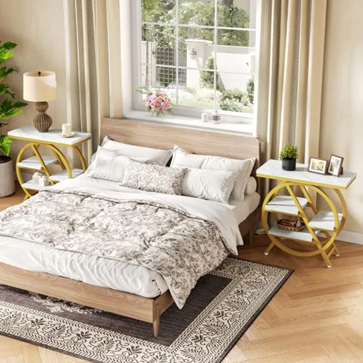 LITTLE TREE Beistelltisch, 4-stöckiger schmaler Beistelltisch aus Kunstmarmor mit großem Stauraum, moderner Nachttisch und Nachttisch für Wohnzimmer, Homeoffice, Schlafzimmer, Weiß und Gold – Bild 7