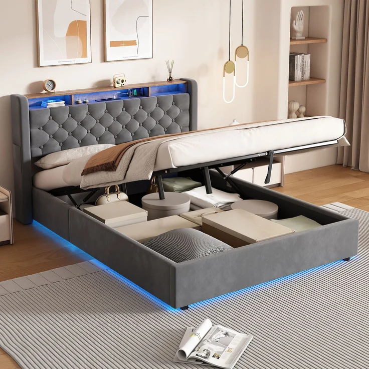 Polsterbett aus Holland-Velours mit LED, USB-C & hydraulischem Stauraum, ohne Matratze, 140x200 cm, Grau – Bild 5