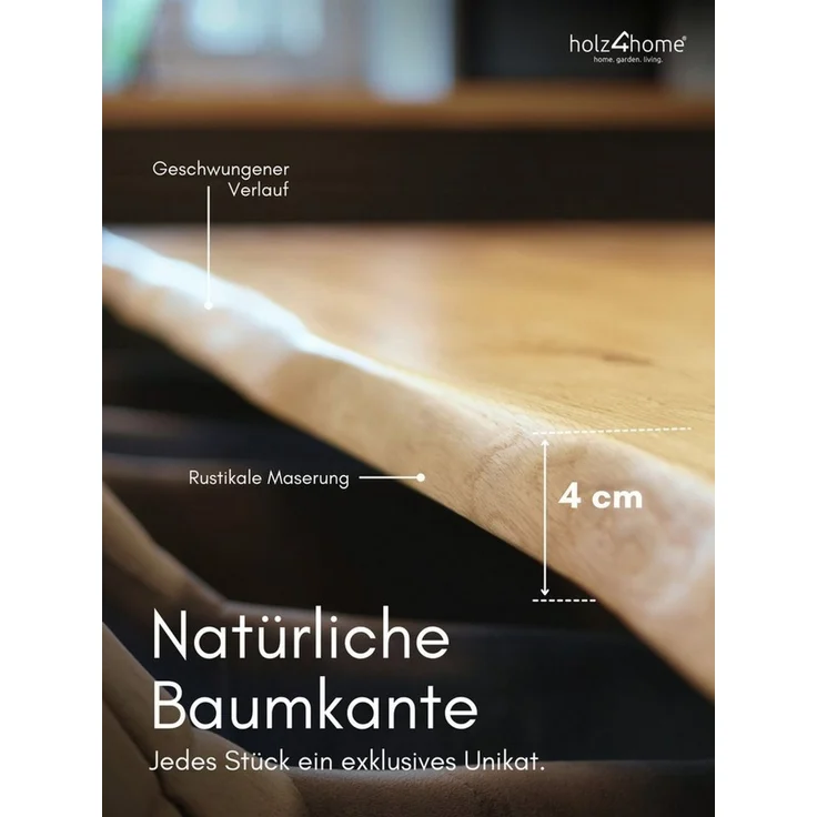 holz4home® Esstischplatte Massivholz Eiche mit Baumkante I Massivholzplatte Natur Geölt Echtholz, Vollflächig 4cm dickes Massivholz – Bild 2