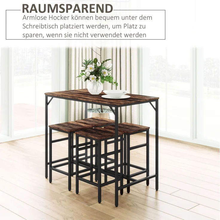 Bartisch-Set mit 4 Barhockern, Spanplatte und Stahl, 100x60x88 cm, Rustikalbraun/Schwarz – Bild 6