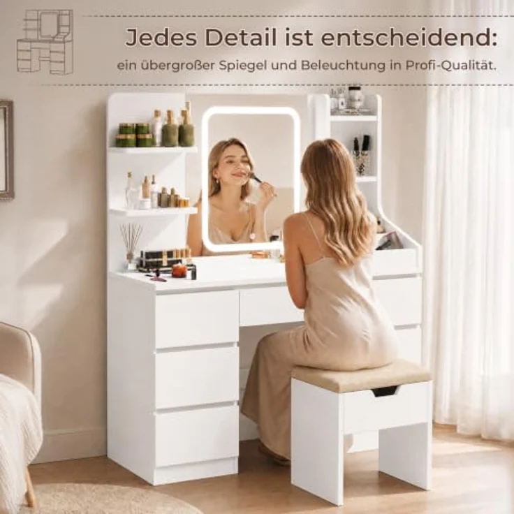 JUMMICO Schminktisch mit LED-Spiegel, 110 cm Frisiertisch mit 7 extra hohen Schubladen, 4 offenen Fächern, dimmbarer Beleuchtung, moderner Kosmetiktisch für Schlafzimmer – Bild 3