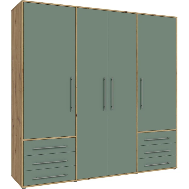 Forte MOKKARO Kleiderschrank 205, Geräumiger Schrank mit 4 Drehtüren und 6 Schubladen, Artisan Eiche Dekor/Salbei, 205,9 cm breit, 200 cm hoch, 53 cm tief – Bild 4