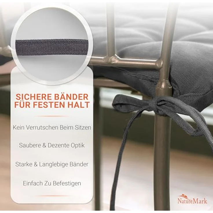 NatureMark 4er Set Stuhlkissen mit Bändern Gr. 40x40 cm Sitzkissen gefüllt, Anthrazit grau – Bild 7