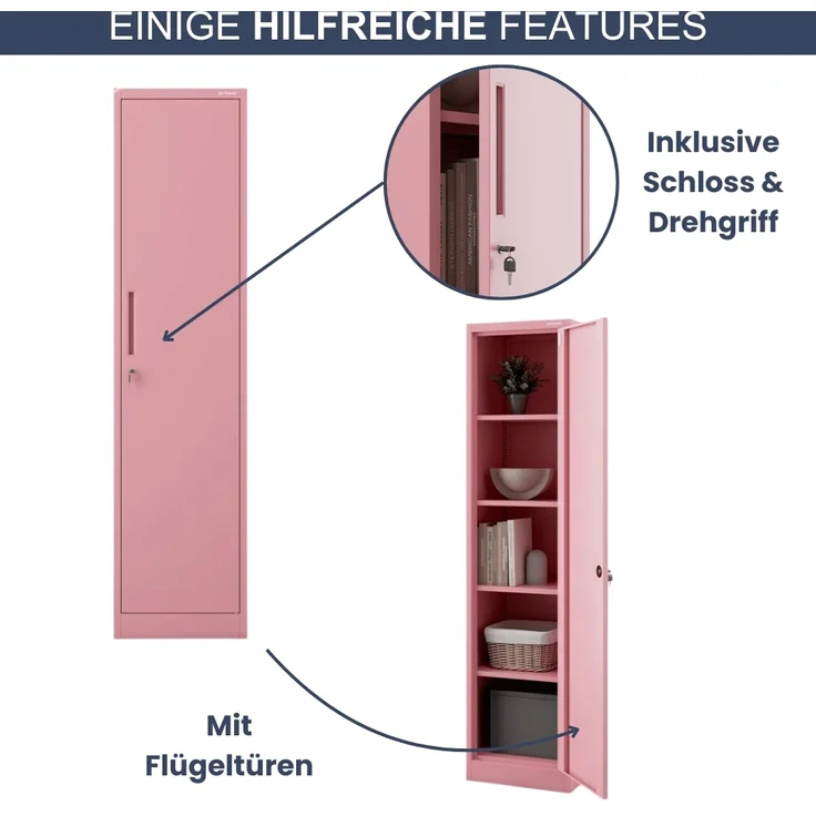 Aktenschrank abschließbar KADO - 5 Ebenen verstellbar, Flügeltüren | Metallschrank Werkstatt Mehrzweckschrank Büroschrank aus Stahl Werkzeugschrank, 185x45x40cm Rosa – Bild 5
