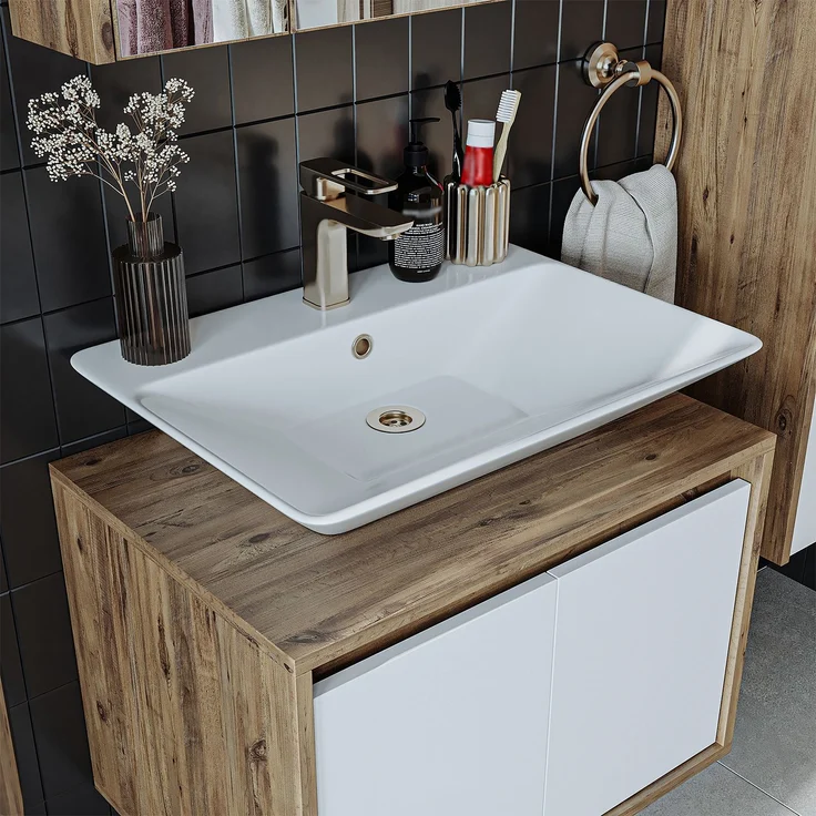 Roomart ATLANTIC-65 Badmöbel Set– 2-teiliges Badezimmermöbel Set - Waschbecken mit Unterschrank - H 45 x B 45 x T 65 cm • Weiß-Eiche – Bild 5