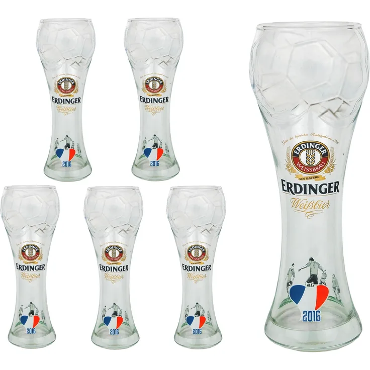 6er Set Weizen- - Weißbierglas mit Erdinger Logo und EM 2016 Verzierung - 0,5 l mit Füllstrich - perfekt für die diesjährige Europameisterschaft