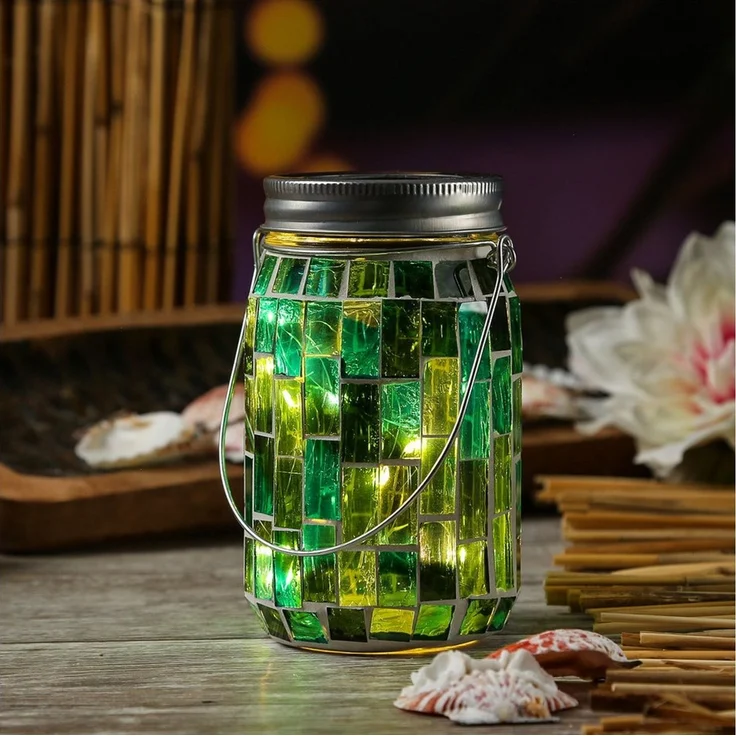 MARELIDA LED Solarleuchte LED Solar Glas Einmachglas mit Mosaik Tischleuchte Lichtsensor grün, LED Classic, warmweiß (2100K bis 3000K) – Bild 1