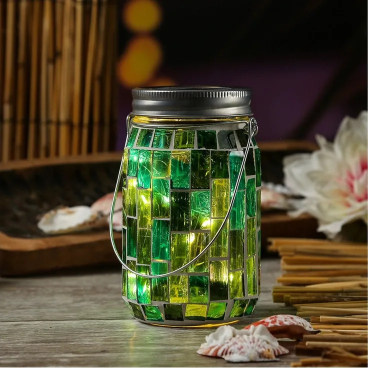 MARELIDA LED Solarleuchte LED Solar Glas Einmachglas mit Mosaik Tischleuchte Lichtsensor grün, LED Classic, warmweiß (2100K bis 3000K)