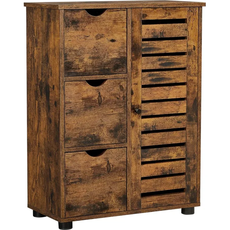 Vasagle Badezimmerschrank, Sideboard, Aufbewahrungsschrank, 3 Schubladen, 2 verstellbare Einlegeböden hinter der Tür, Badschrank, Badezimmer, Wohnzimmer, Küche, Flur, vintagebraun