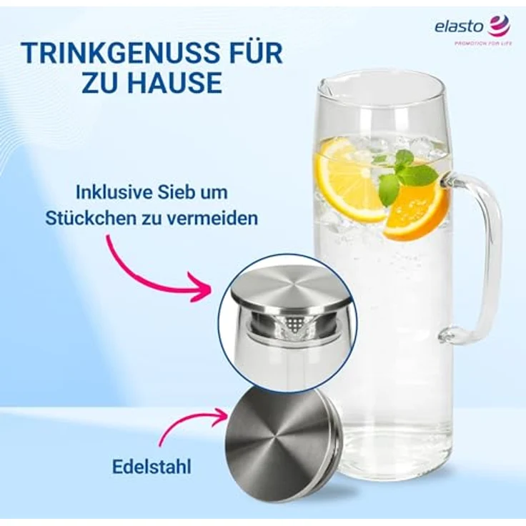 elasto Wasserkaraffe Glaskaraffe mit Deckel und Sieb 1 Liter aus Borosilikatglas – Bild 4