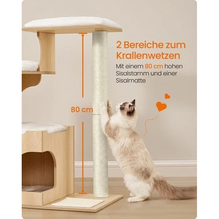 FEANDREA Kratzbaum, Kletterbaum für Katzen, mit Liegeflächen und Höhle, Sisal-Kratzmatte, Plüschkissen, 86 cm, gelb – Bild 4