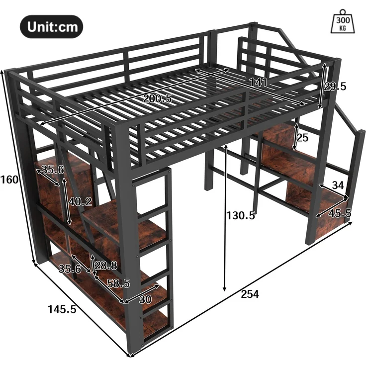 Hochbett 140×200 cm aus Metall und MDF mit LED-Beleuchtung und Stauraum, schwarz – Bild 3