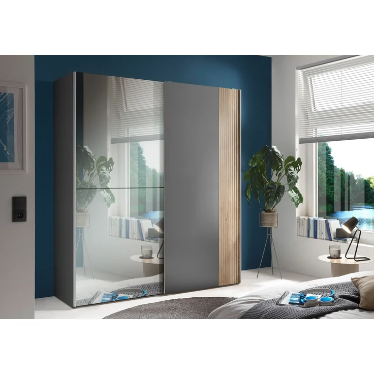 Schiebetürenschrank >Berno< 2 Türen, Grau / Spiegel / Eiche Dekor - 170x195,5x57,2cm (BxHxT) – Bild 2