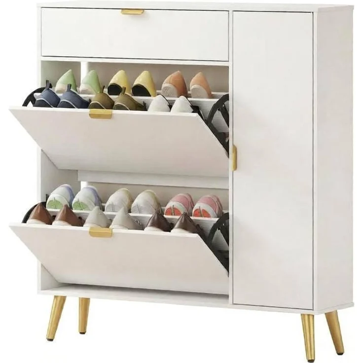 DESVIAE Garderobenschrank Schuhschrank Weiß aus MDF/Spanplatte – 99,4x106,6x23,8 cm – 2 Kippschubladen – Bild 7