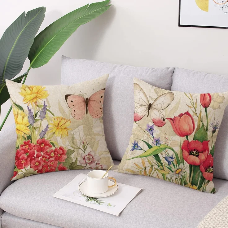 Kissenbezüge 45×45 cm 4er-Set Leinen Blumen Schmetterling, Frühling, Outdoor Couch – Bild 2