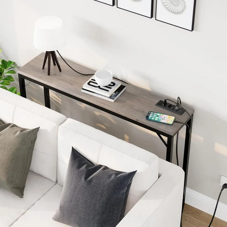 GarveeMore Konsolentisch mit Steckdose und USB-Anschluss,100x23x80cm, Ladestation Beistelltisch für Eingang Flur Wohnzimmer,Metallgestell – Bild 4