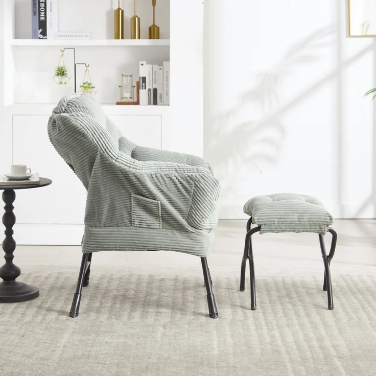 Flieks Loungesessel mit Hocker, ergonomischer Ohrensessel mit Stahlrahmen, weicher Cordstoff, Seitentasche, graugrün – Bild 4